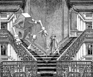 illustration of man and robot about to encounter each other on two side by side staircases